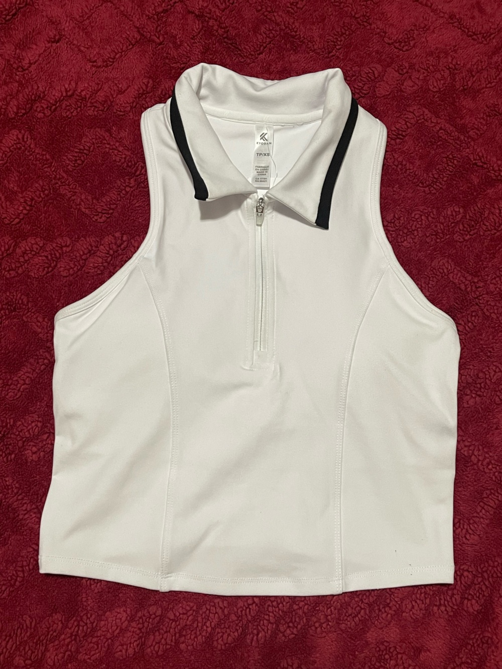 Kyodan White Sleeveless Zip-Up Crop Top with Black Collar Trim